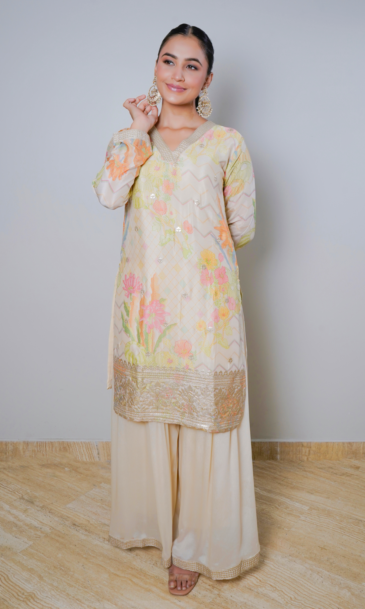 Beige Semi Crepe Printed Palazzo Set