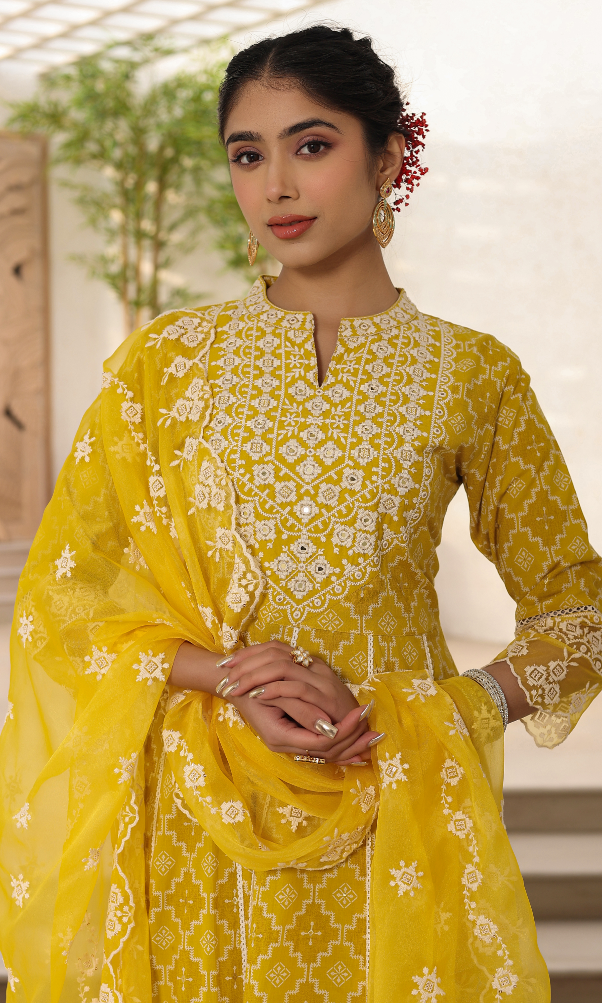 Yellow Threadwork Frock Style 3-Pc Suit