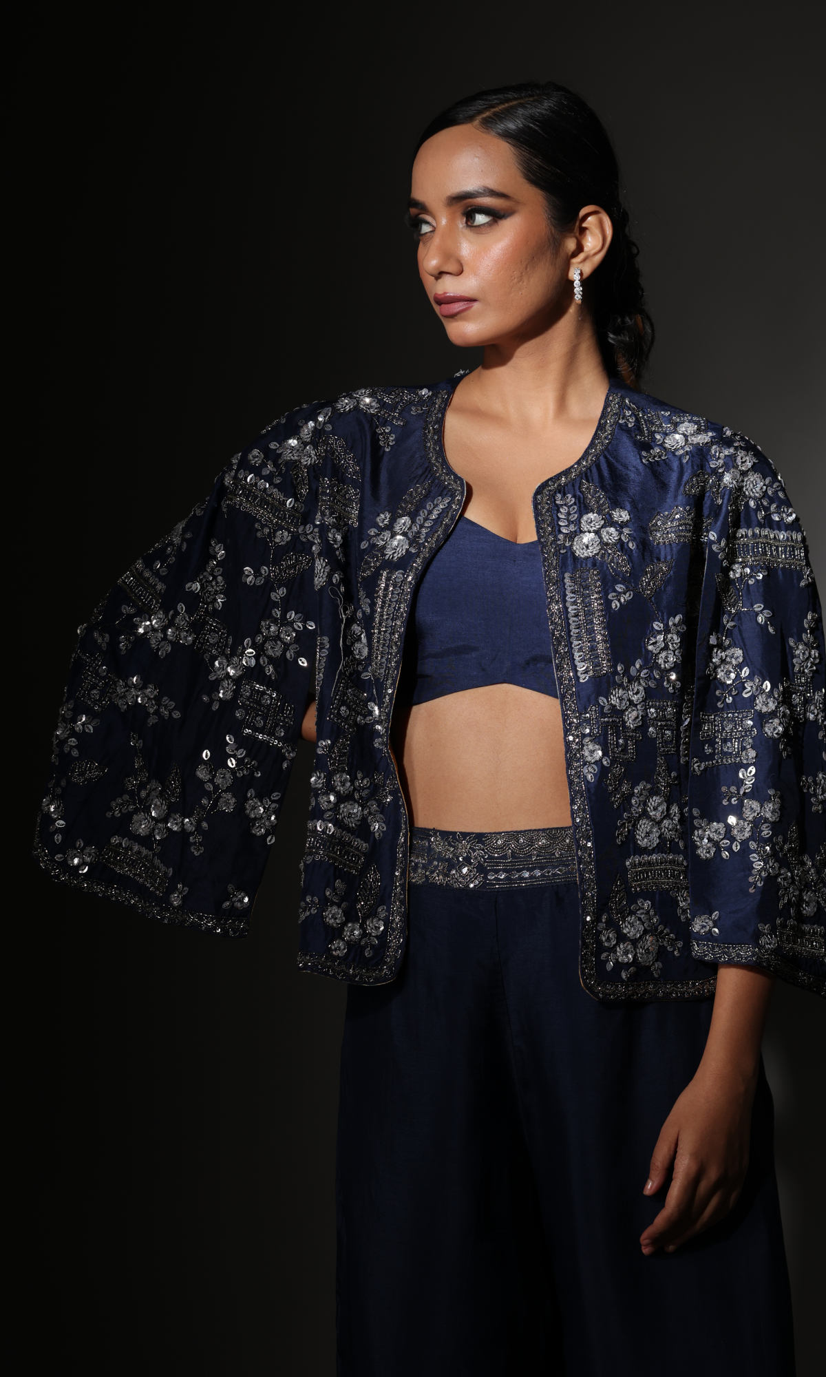 Navy Blue Semi Silk HandworkCo-ord Set With Jacket