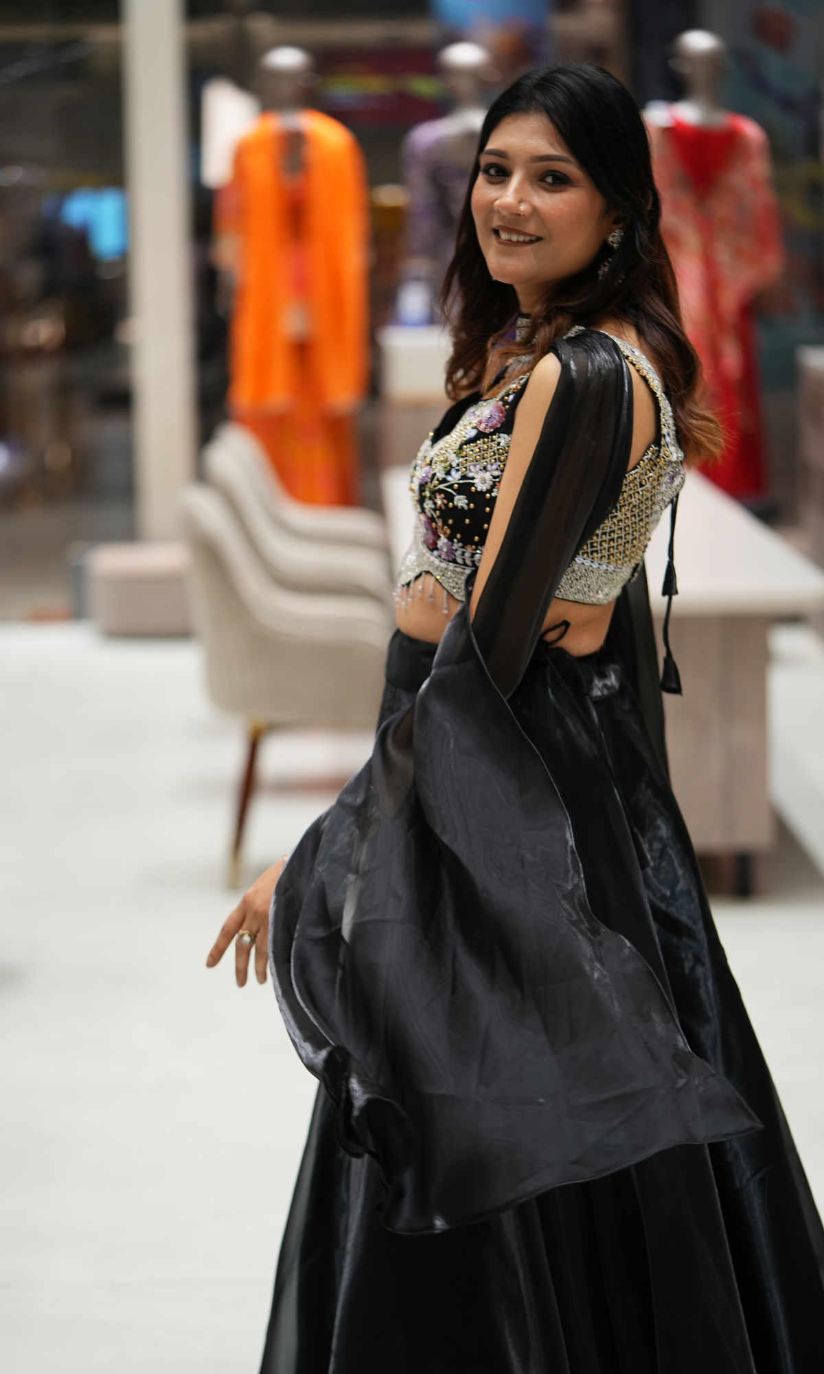 Black Organza Handwork Lehenga With Stitched Blouse And Dupatta