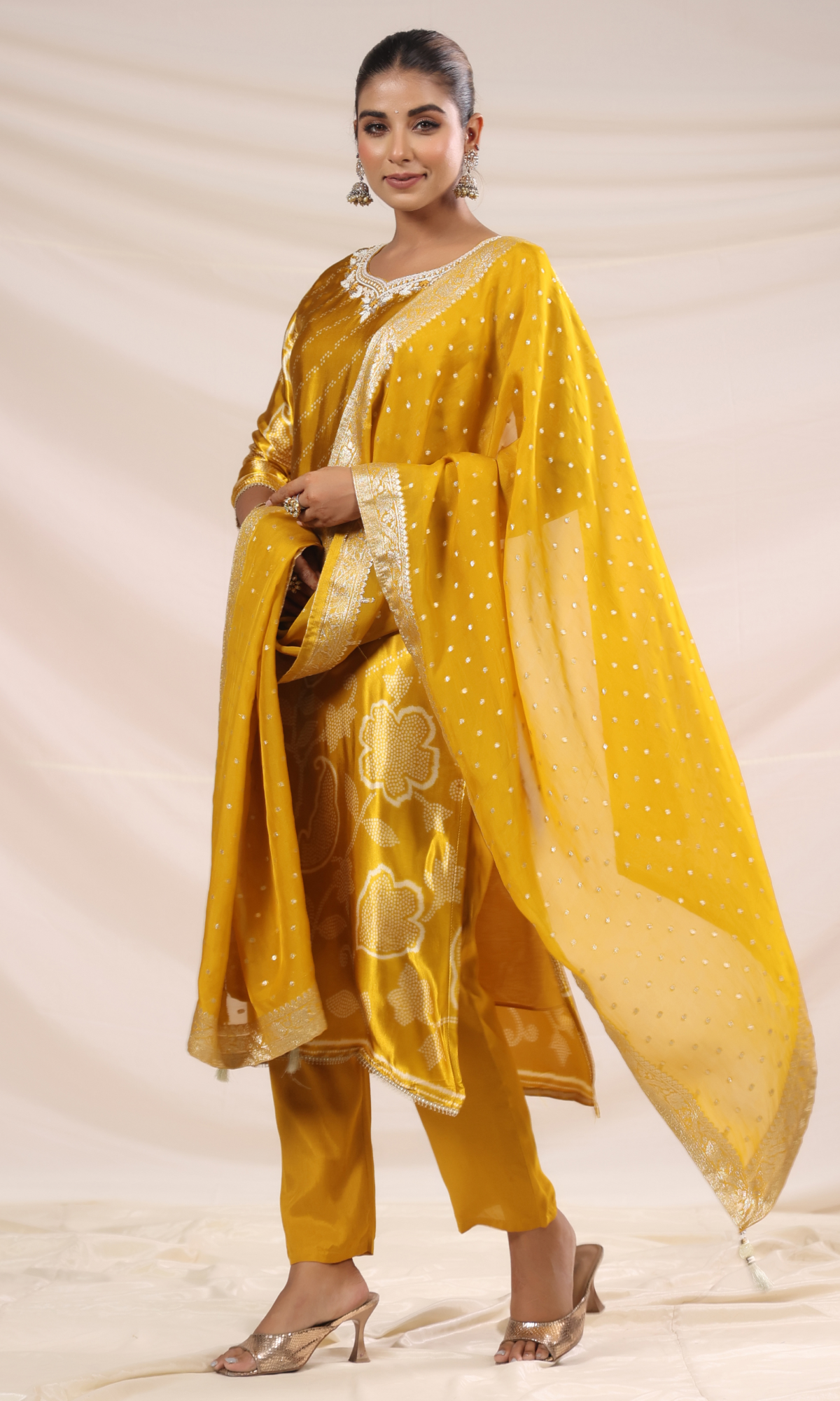 Mustard Satin Floral Printed Salwar Suit