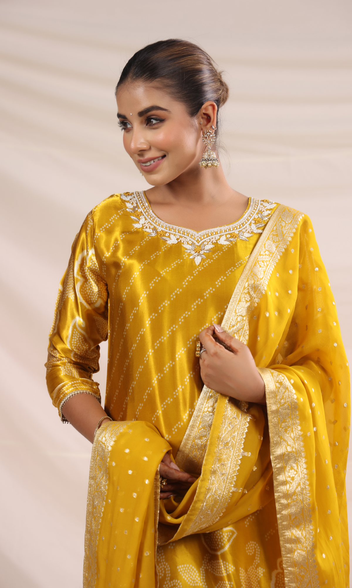 Mustard Satin Floral Printed Salwar Suit