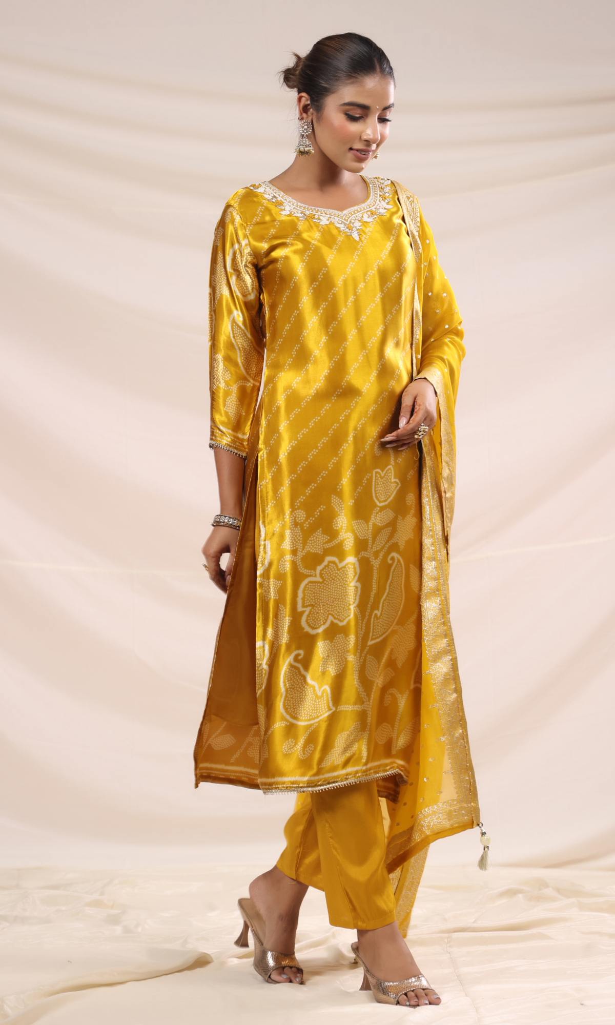 Mustard Satin Floral Printed Salwar Suit