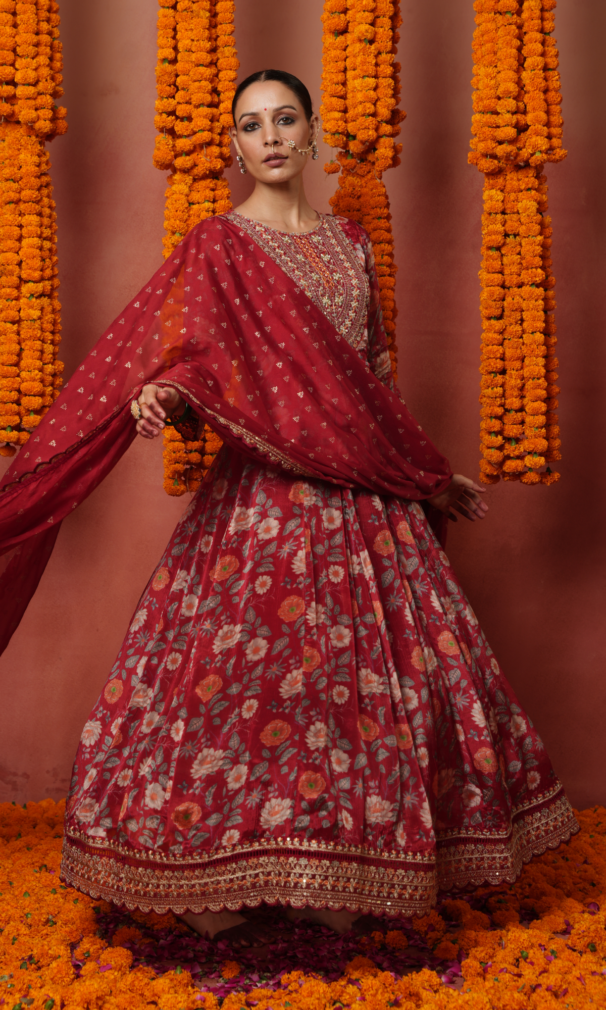 Maroon Semi Crepe Floral Print Anarkali Suit