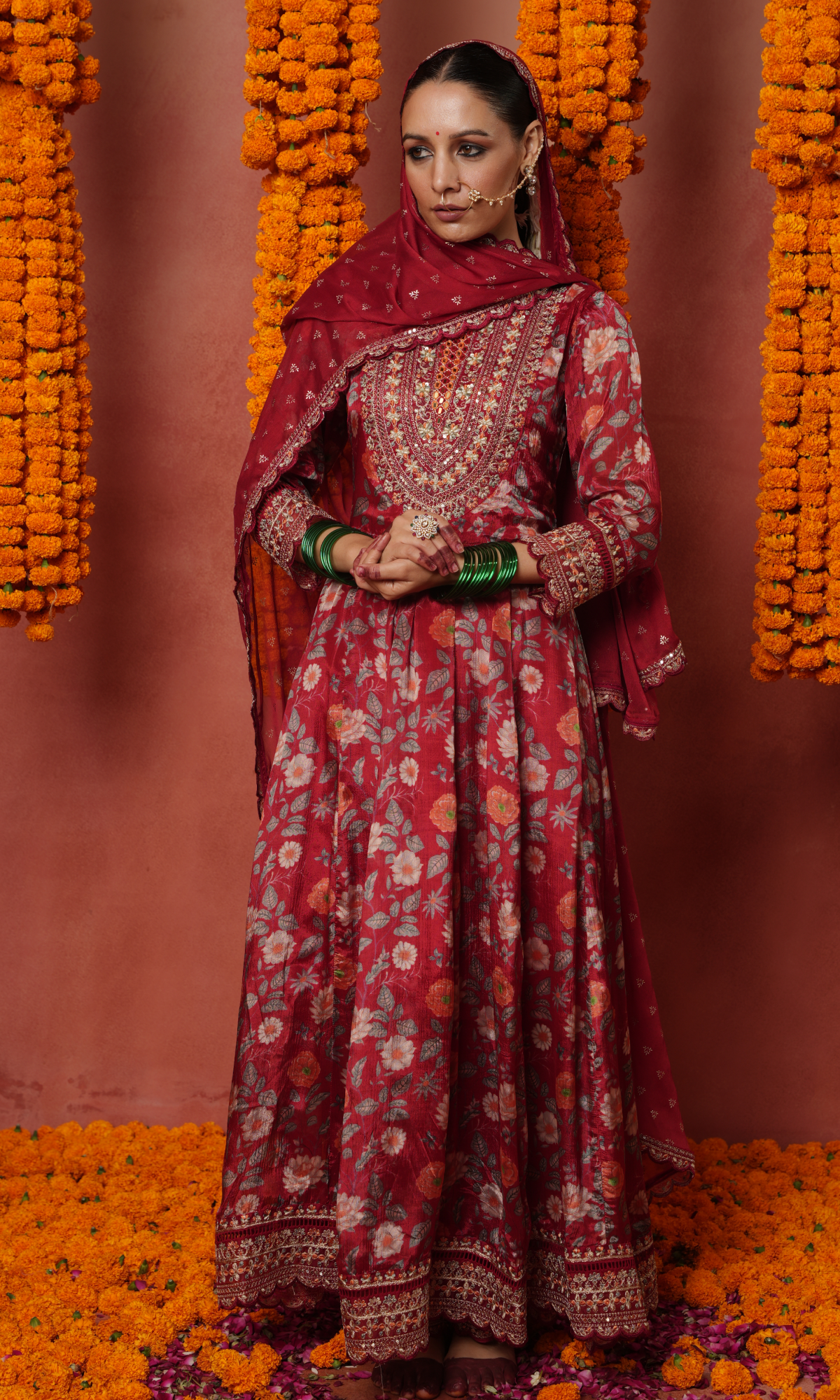 Maroon Semi Crepe Floral Print Anarkali Suit