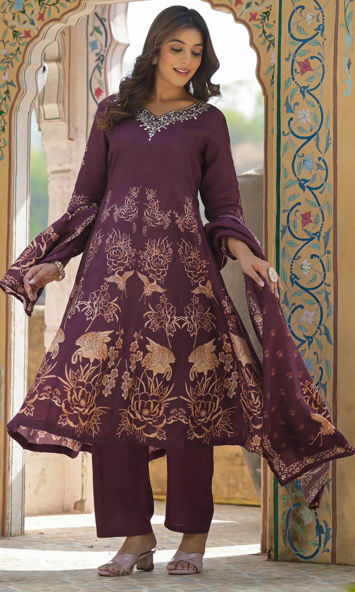 Wine Semi Cotton Floral Printed Salwar Suit