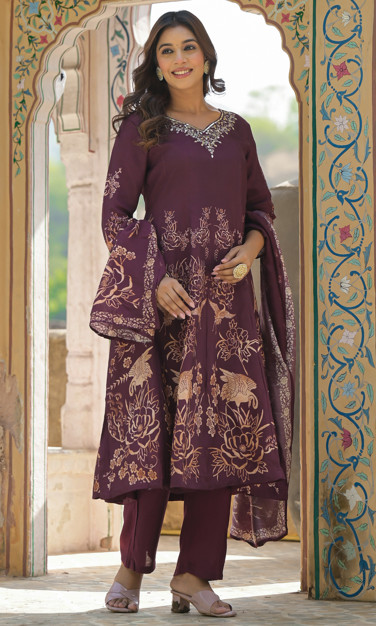 Wine Semi Cotton Floral Printed Salwar Suit