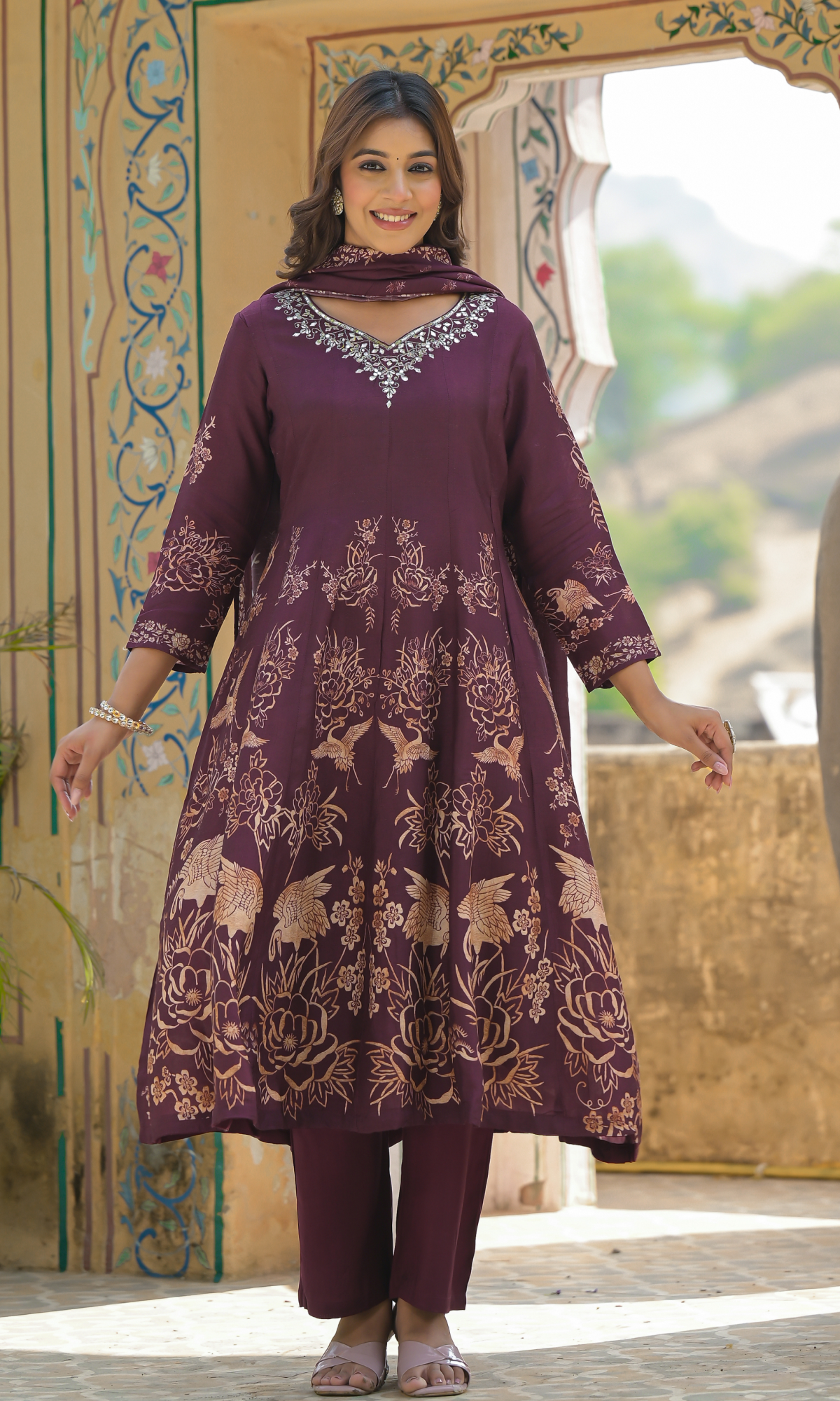 Wine Semi Cotton Floral Printed Salwar Suit