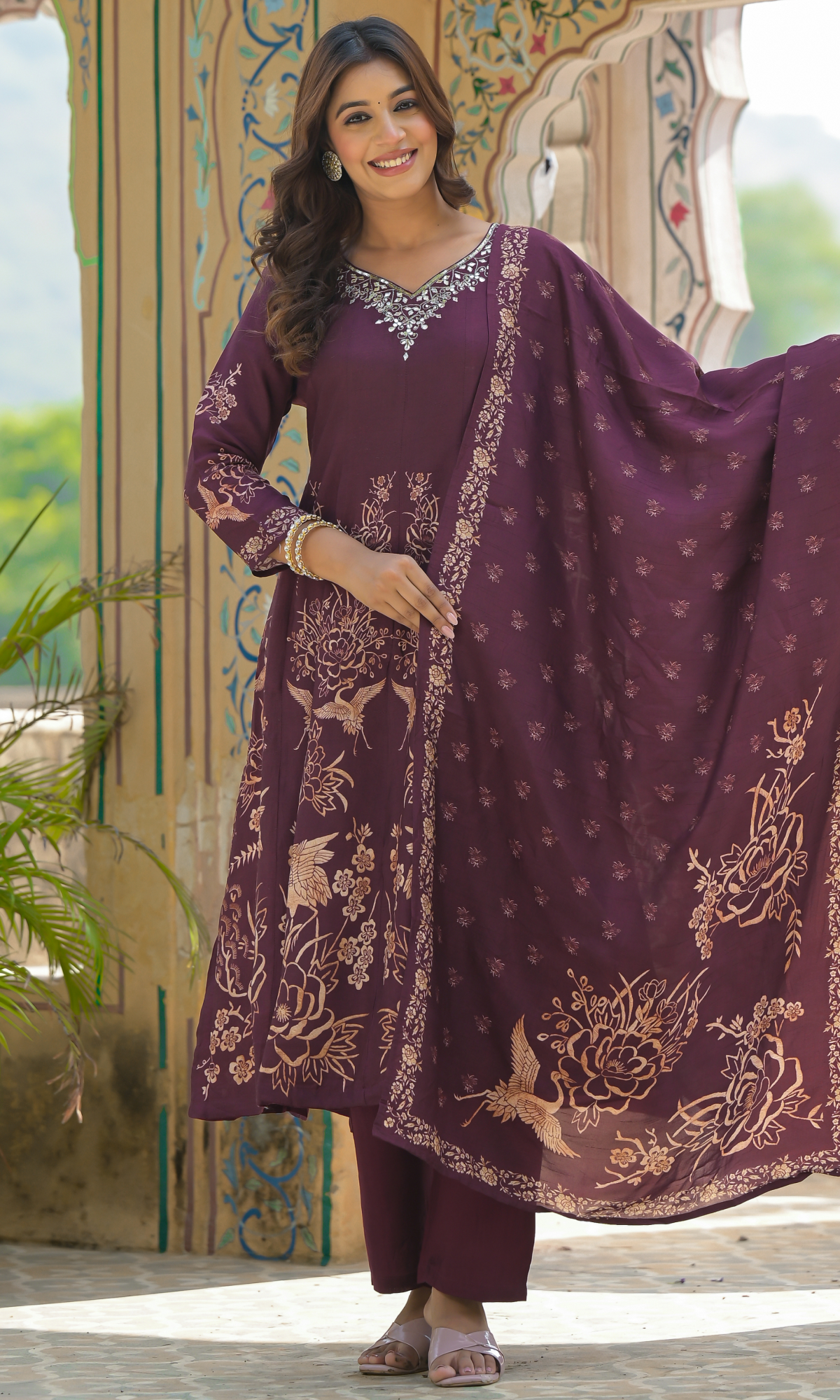 Wine Semi Cotton Floral Printed Salwar Suit