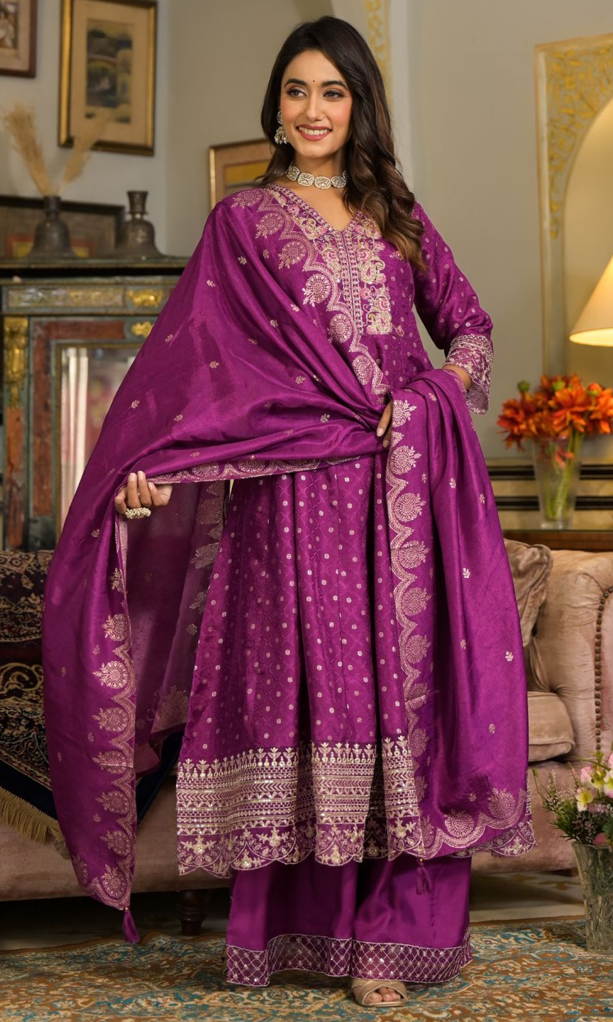 Purple Semi Silk Embroidered Palazzo Set