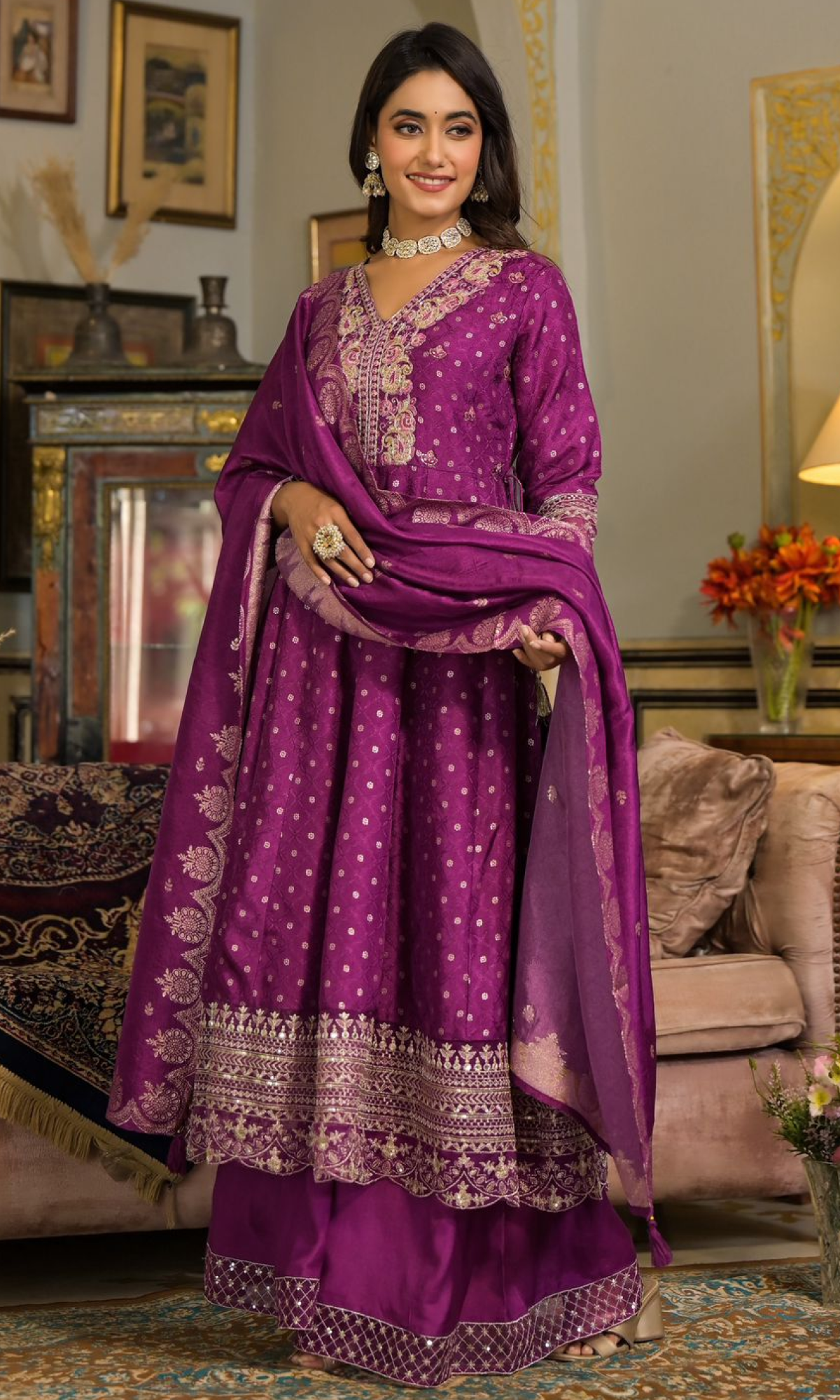 Purple Semi Silk Embroidered Palazzo Set