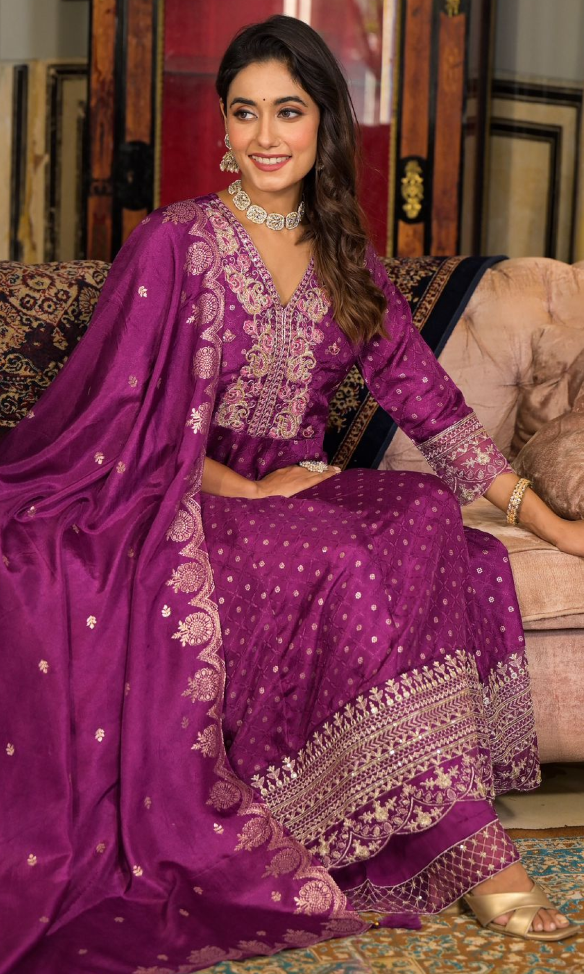 Purple Semi Silk Embroidered Palazzo Set