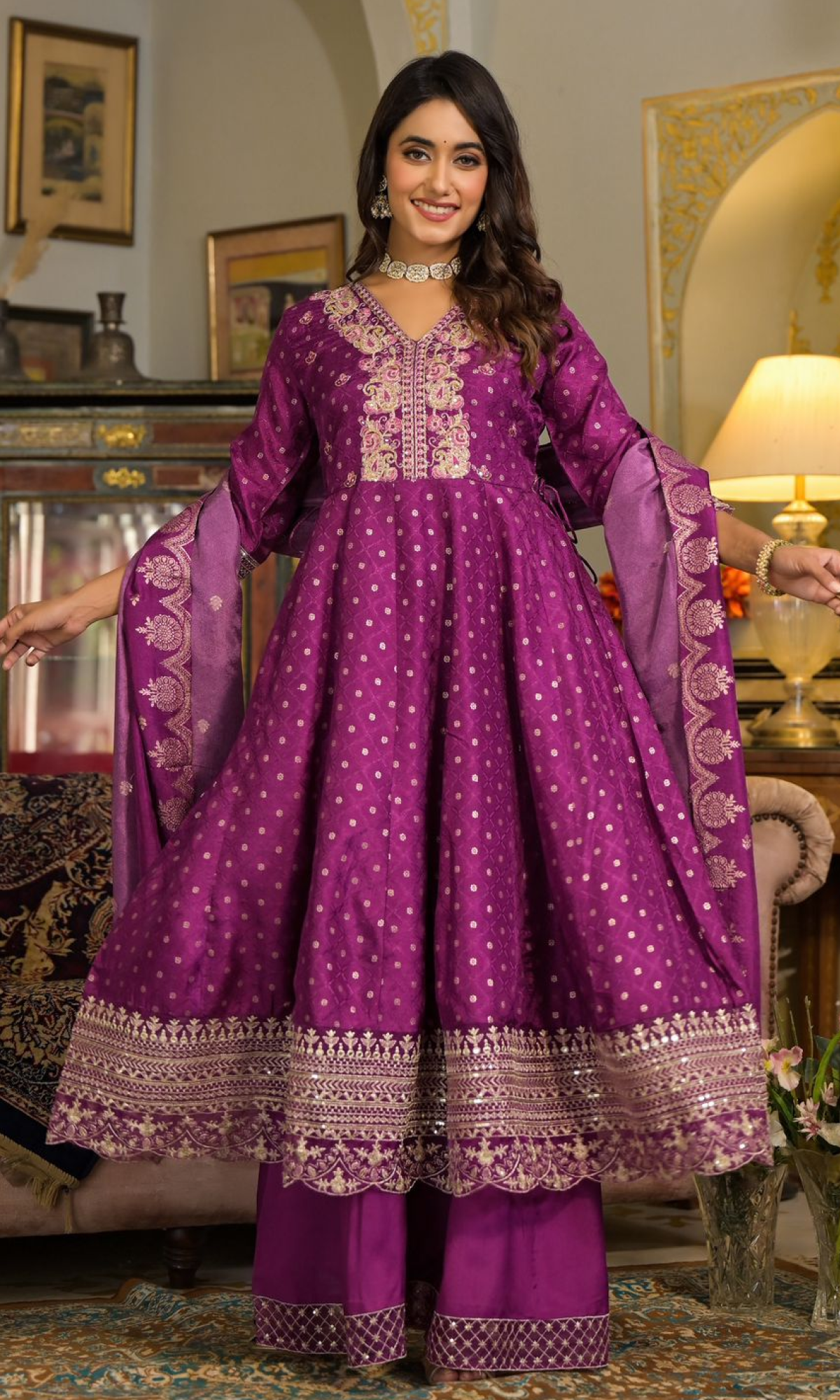 Purple Semi Silk Embroidered Palazzo Set