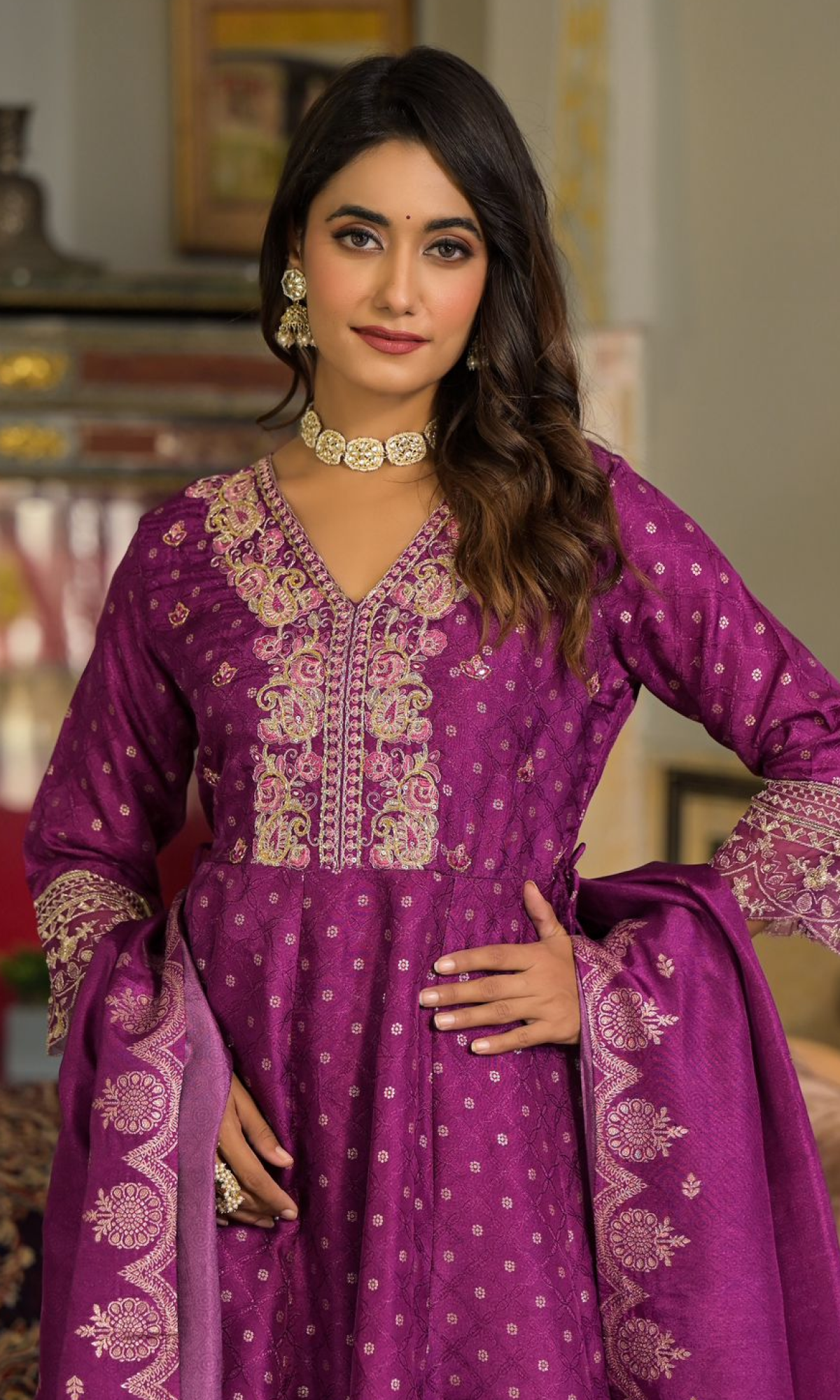 Purple Semi Silk Embroidered Palazzo Set