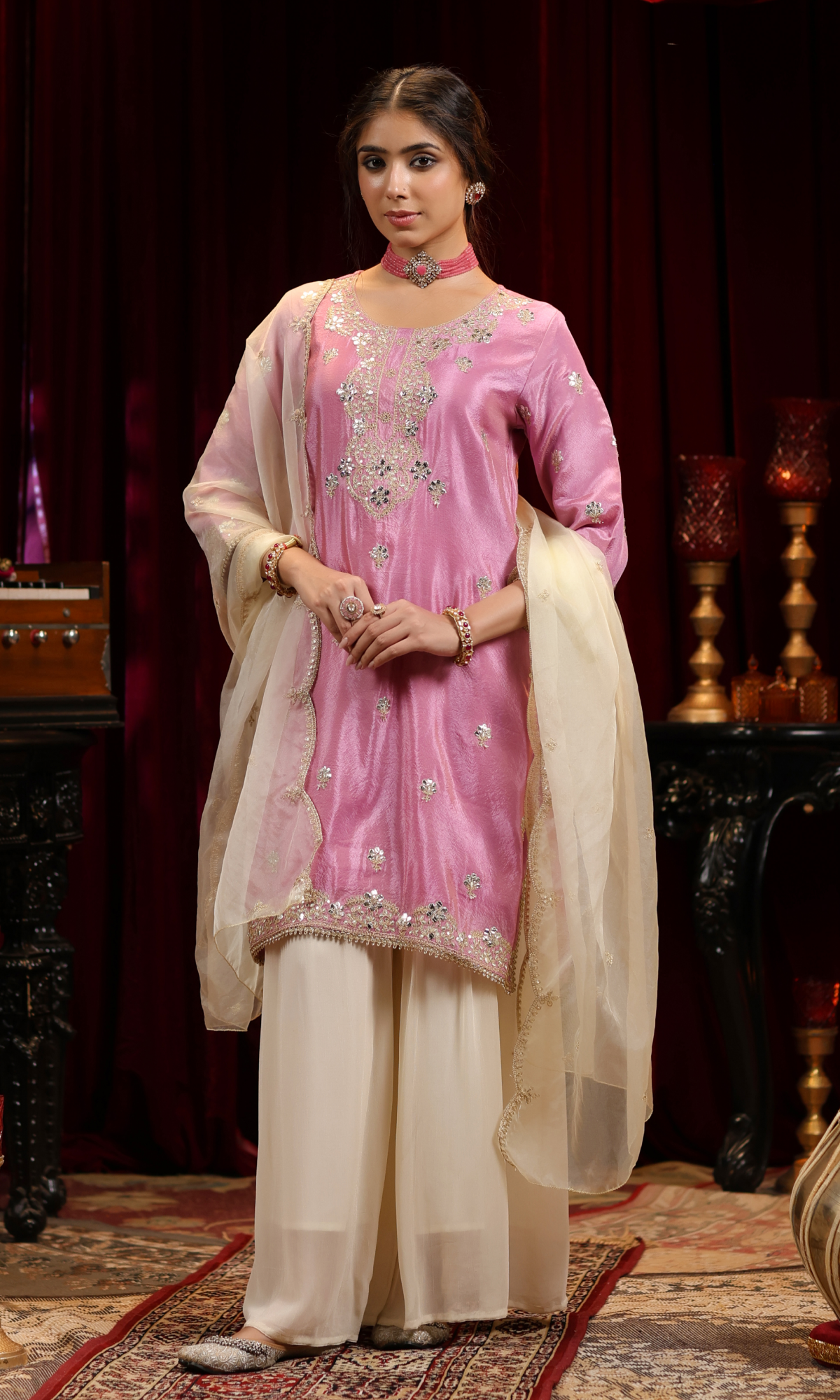 Pink Embroidered Kurta With Palazzo Set