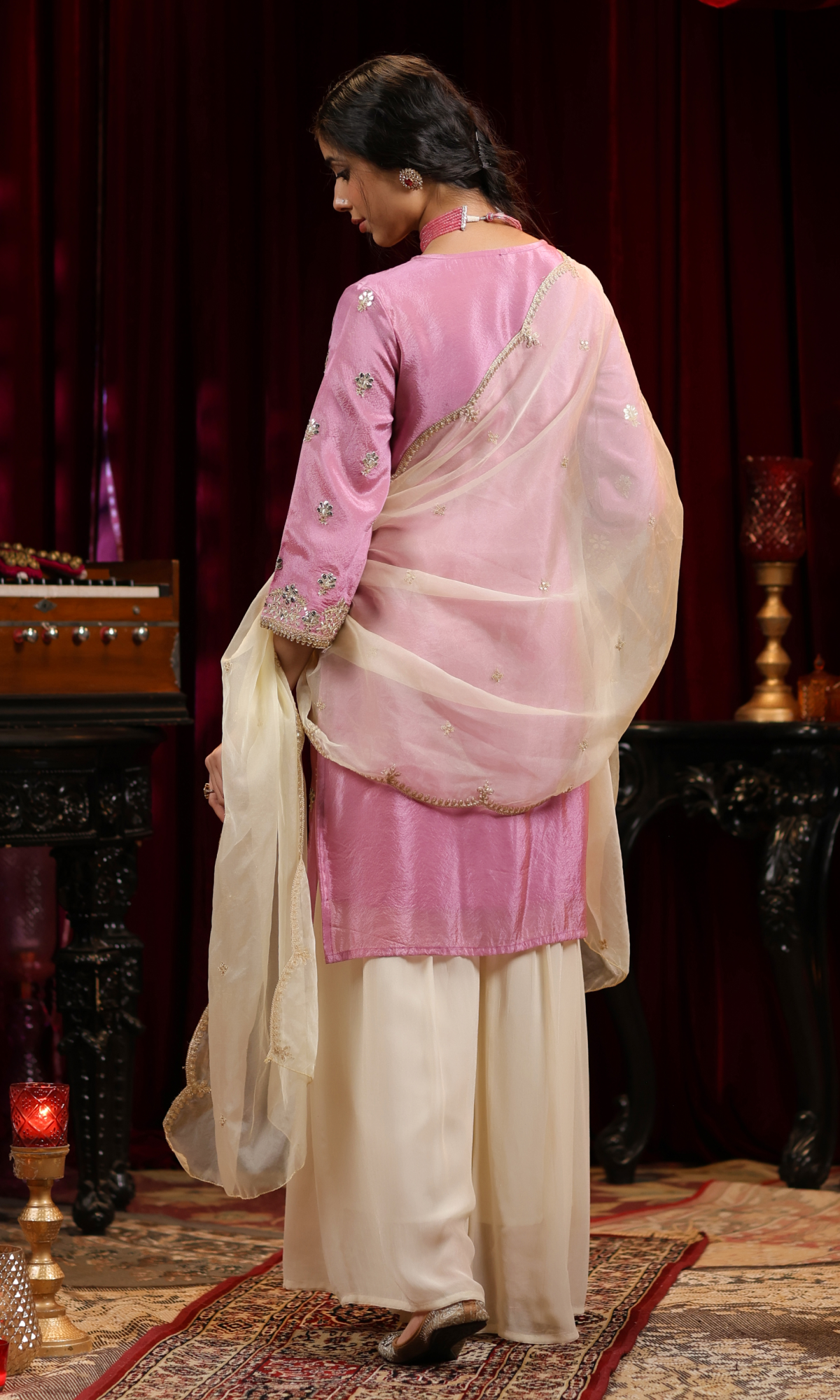 Pink Embroidered Kurta With Palazzo Set