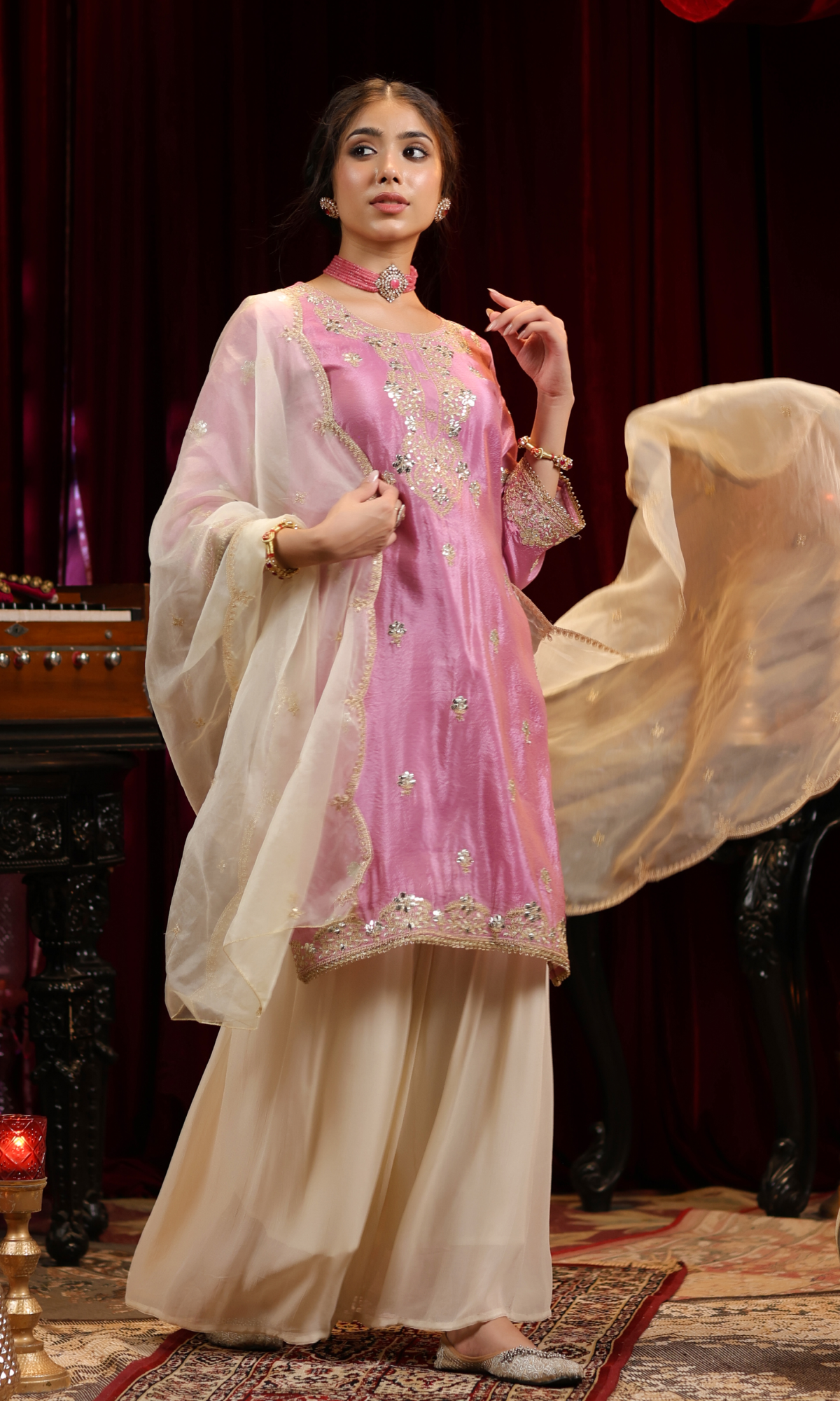 Pink Embroidered Kurta With Palazzo Set