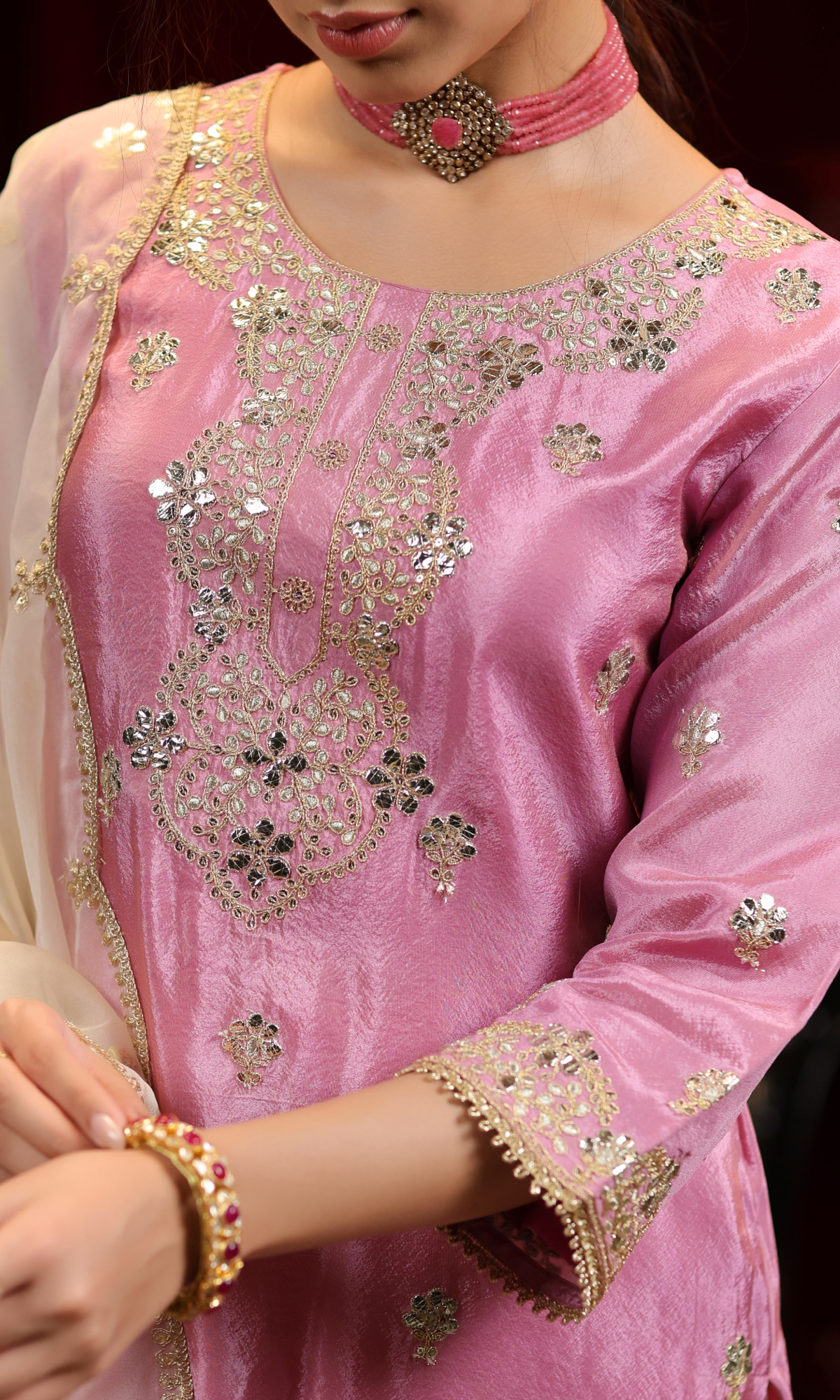 Pink Embroidered Kurta With Palazzo Set