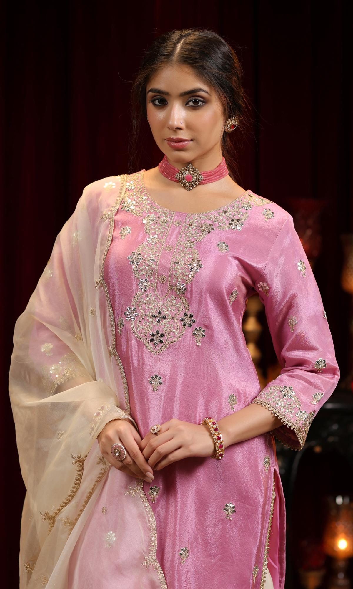 Pink Embroidered Kurta With Palazzo Set