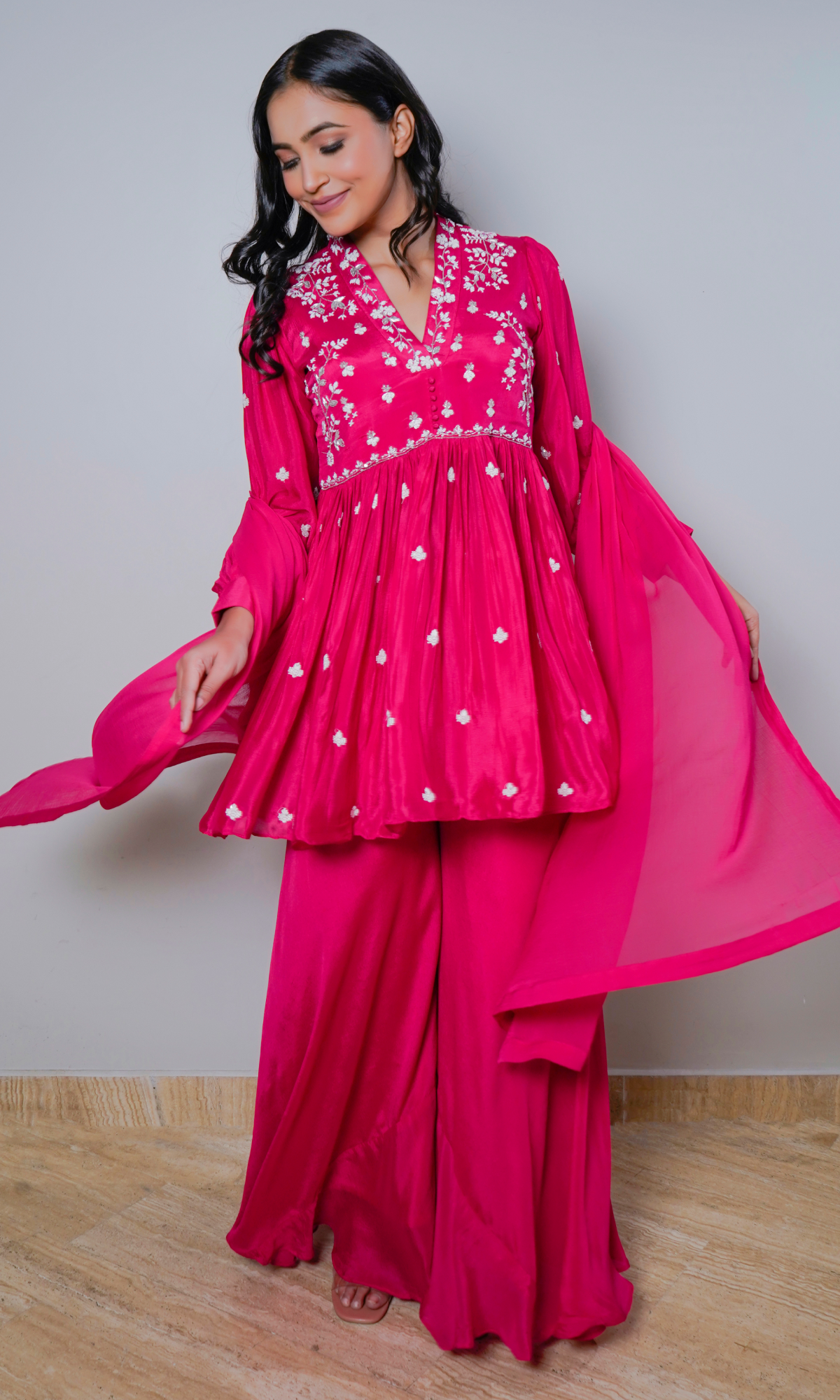 Pink Georgette Embroidered Peplum Set