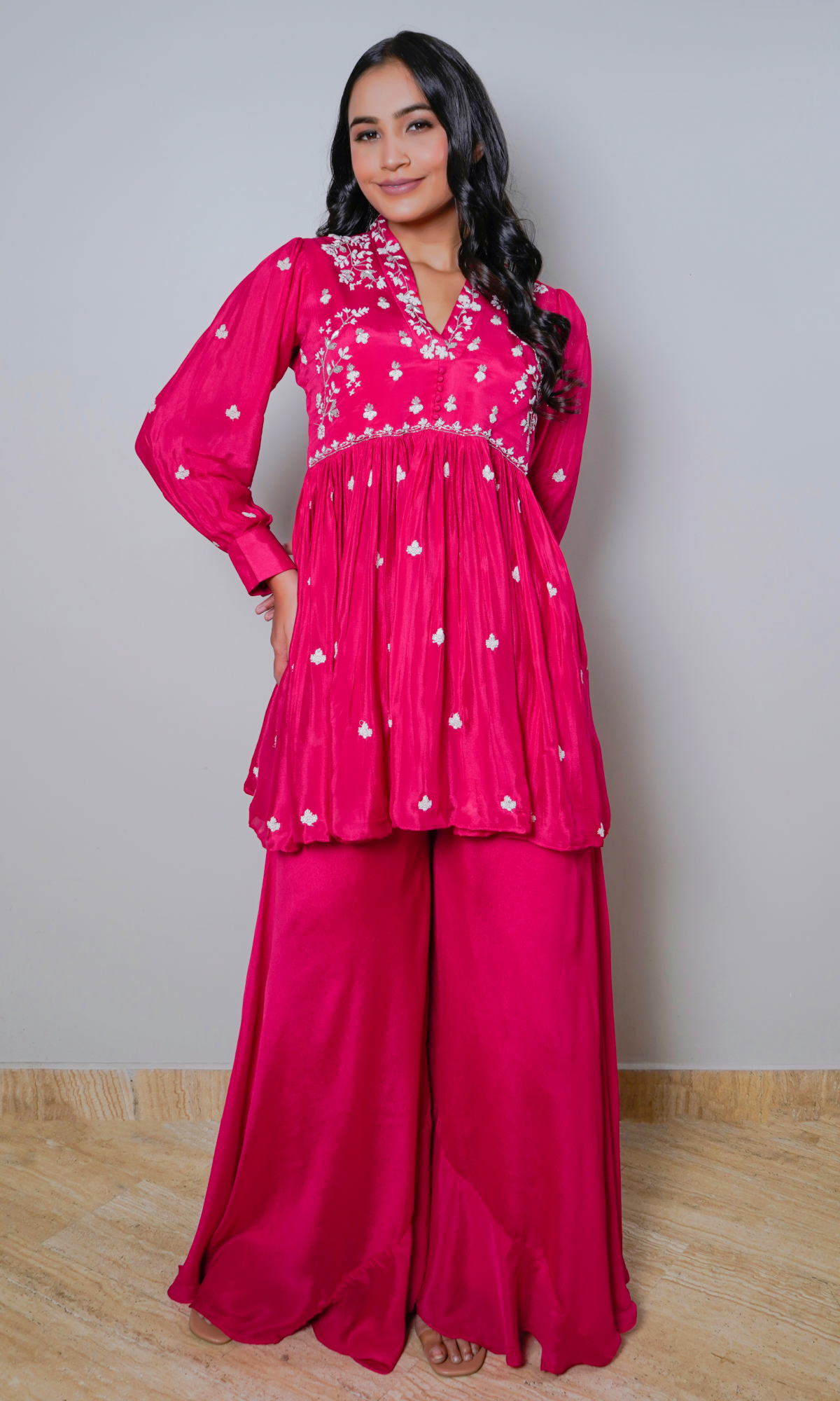 Pink Georgette Embroidered Peplum Set