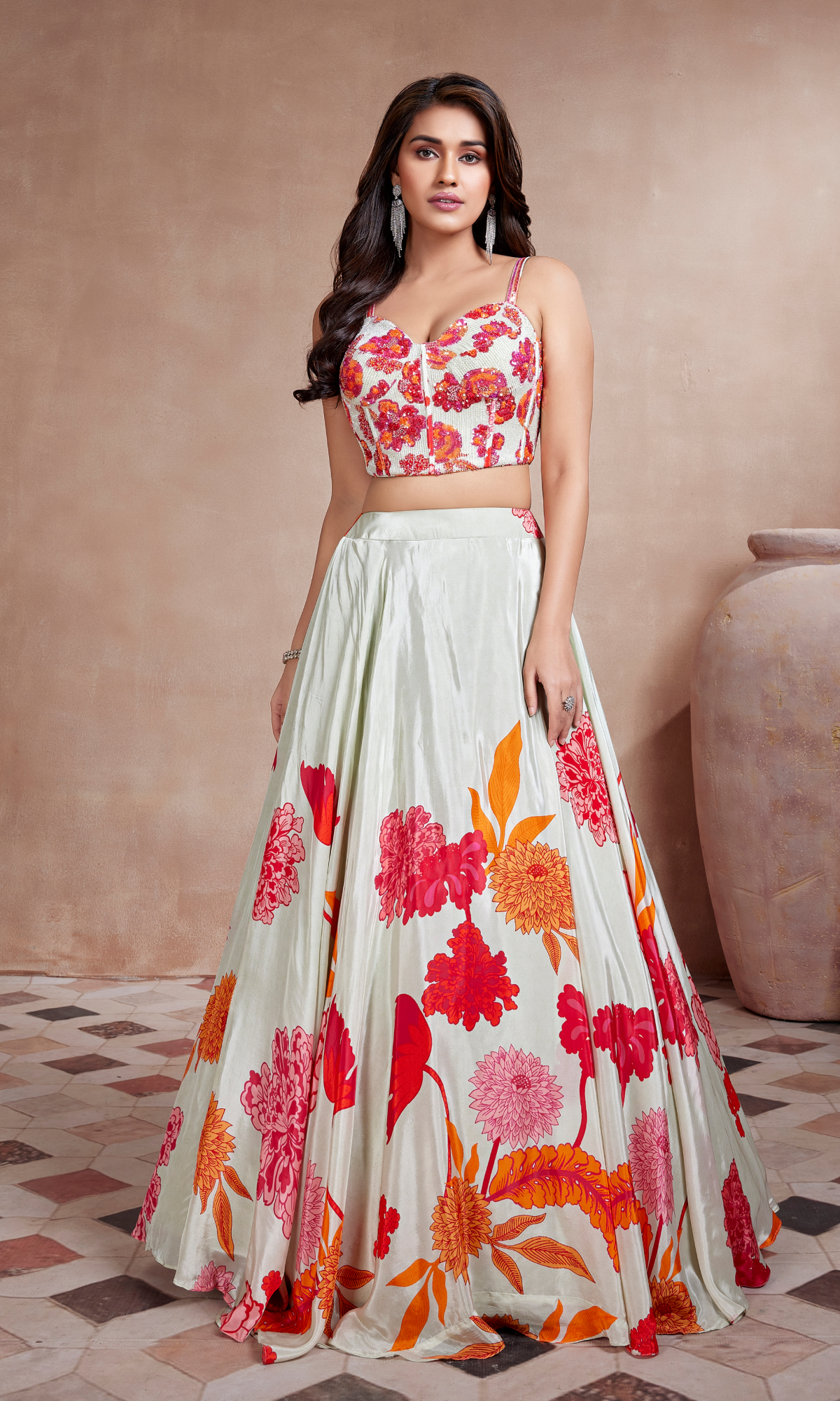 White Satin Floral Skirt Set