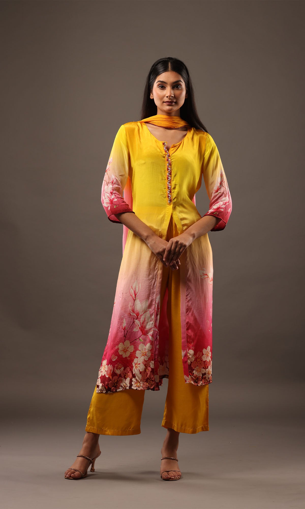 Yellow And Pink Satin Floral Straight Suit