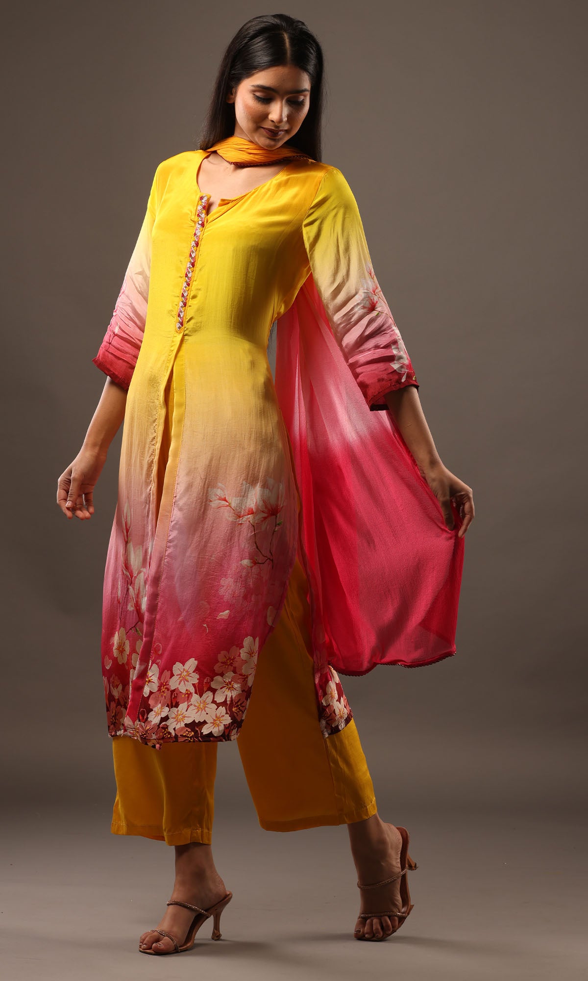 Yellow And Pink Satin Floral Straight Suit